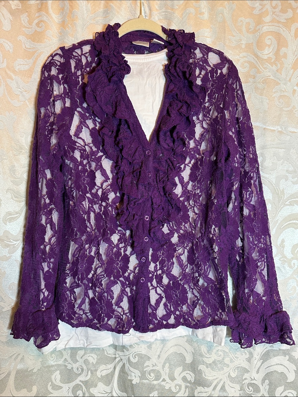 Newport News Purple Lace Ruffle Button-Front Blouse